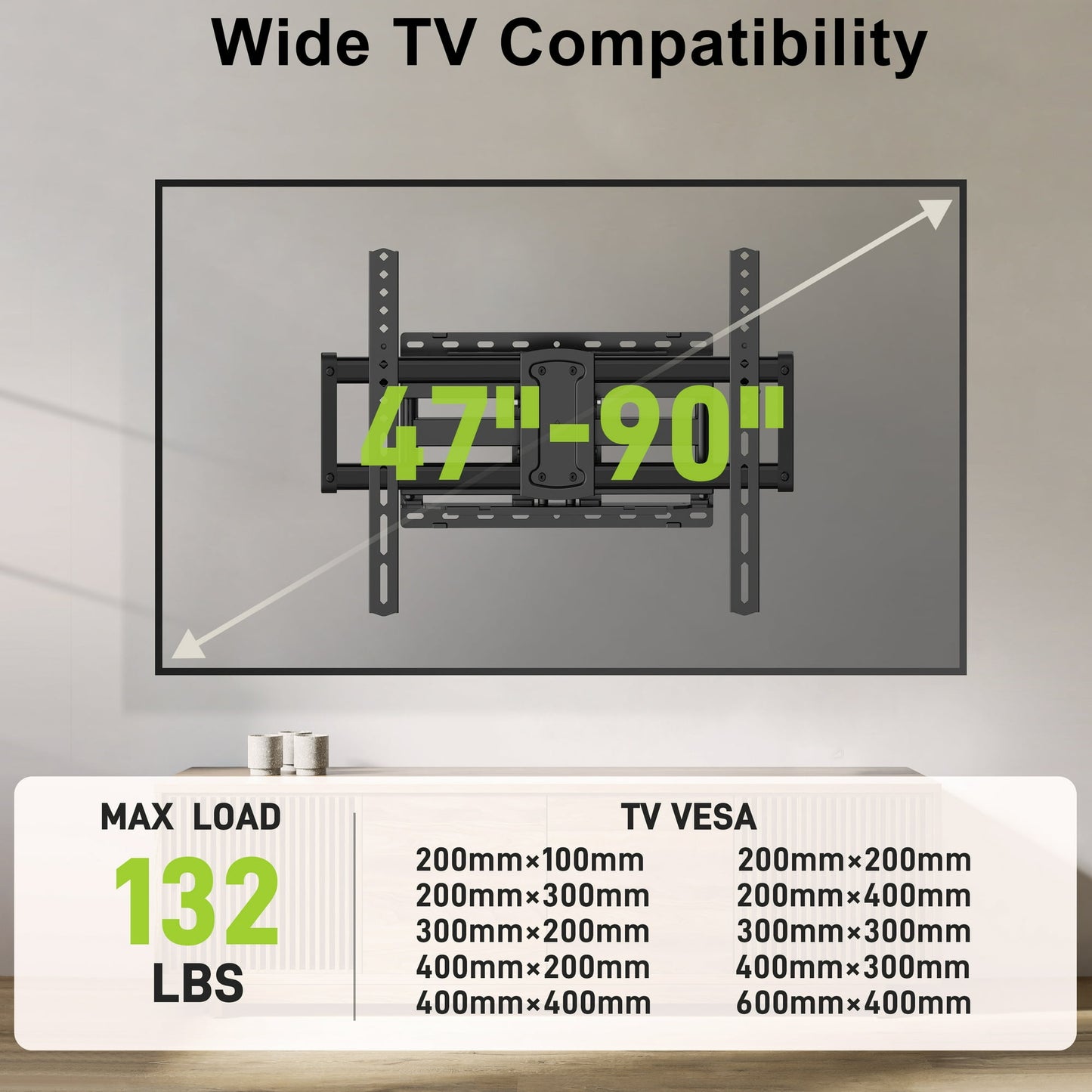 Full Motion TV Wall Mount for 47-90 inch TVs